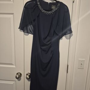 Adrianna Papell Navy Dress with Embellished Neckline